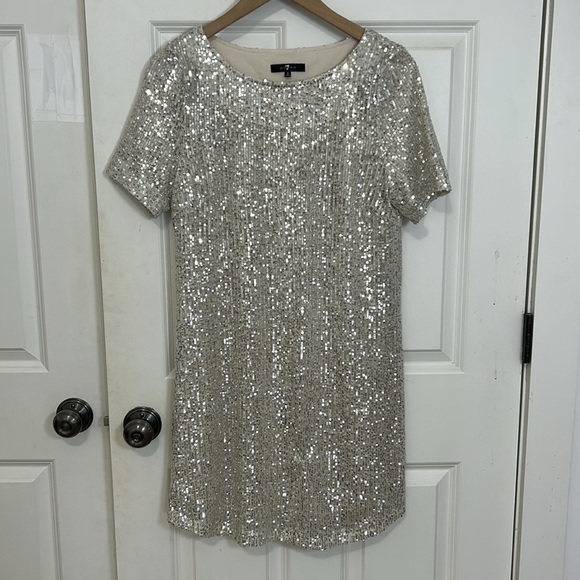 7 For All Mankind sparkly sequins slip shirt dress size small short sleeve cream - Picture 3 of 8